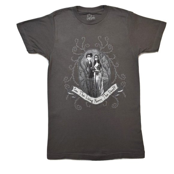 Corpse Bride Mens Can The Living Marry The Dead Victor & Emily Gray Shirt New - Picture 3 of 5